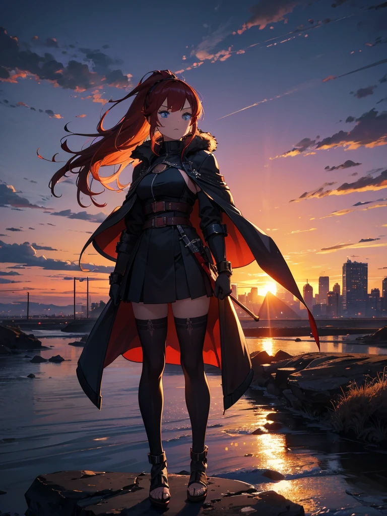 Cityscape, building, Skyline, sunset, Silhouette against a cloud background, meditation. Watching the beautiful sunset, sunset時に, sunset時, sunsetとともに, In the sunset, Nice views, Sunset view, With the sunset, sunset時に, During Golden Hour, looking sunset時に, Sunset in the background, Watching the sunset, Attention,, Very detailed, blue eyes, Redhead, Angry expression,Wearing a black fur jacket, Medium Hair,ponytail, Anime Style, whole body, alone, Stylish Gladiator Girl, I have a rapier,Standing in the Wilderness, 8K high resolution, White Background, The background is a dark and desolate landscape, Horror movie atmosphere. Her figure is very beautiful, Emphasizing the dark and crazy elements. Skillfully expressing the effects of light and shadow, Anime &#39; Line, Mechanized Soldier Girl, &#39; Line style