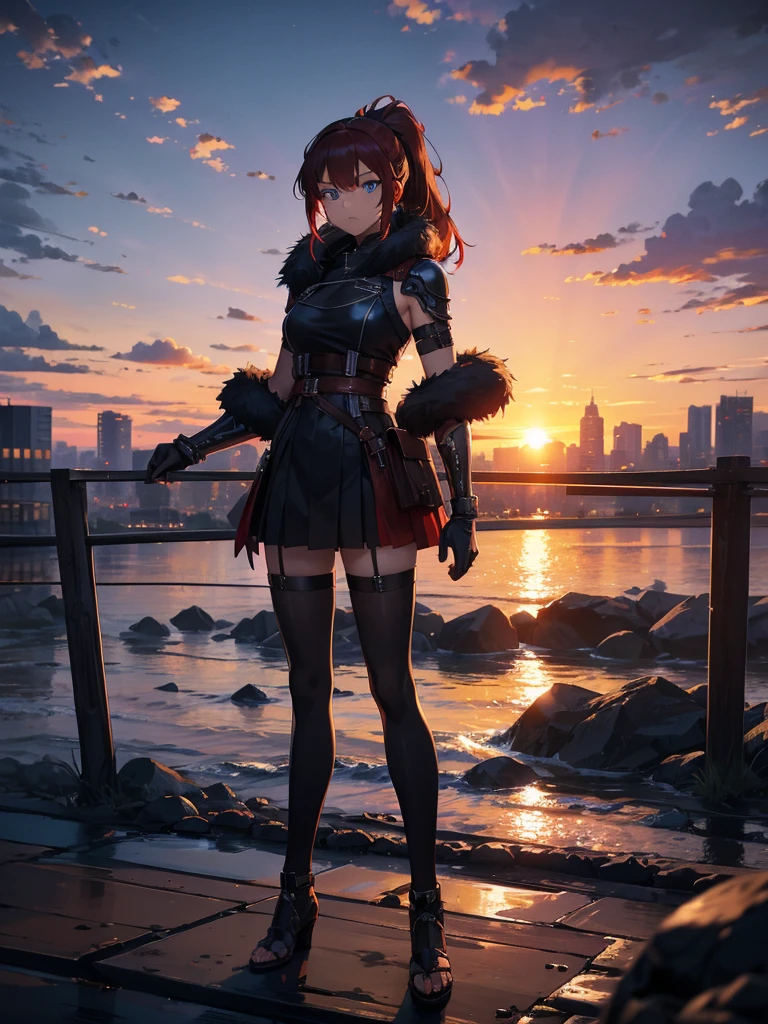 Cityscape, building, Skyline, sunset, Silhouette against a cloud background, meditation. Watching the beautiful sunset, sunset時に, sunset時, sunsetとともに, In the sunset, Nice views, Sunset view, With the sunset, sunset時に, During Golden Hour, looking sunset時に, Sunset in the background, Watching the sunset, Attention,, Very detailed, blue eyes, Redhead, Angry expression,Wearing a black fur jacket, Medium Hair,ponytail, Anime Style, whole body, alone, Stylish Gladiator Girl, I have a rapier,Standing in the Wilderness, 8K high resolution, White Background, The background is a dark and desolate landscape, Horror movie atmosphere. Her figure is very beautiful, Emphasizing the dark and crazy elements. Skillfully expressing the effects of light and shadow, Anime &#39; Line, Mechanized Soldier Girl, &#39; Line style