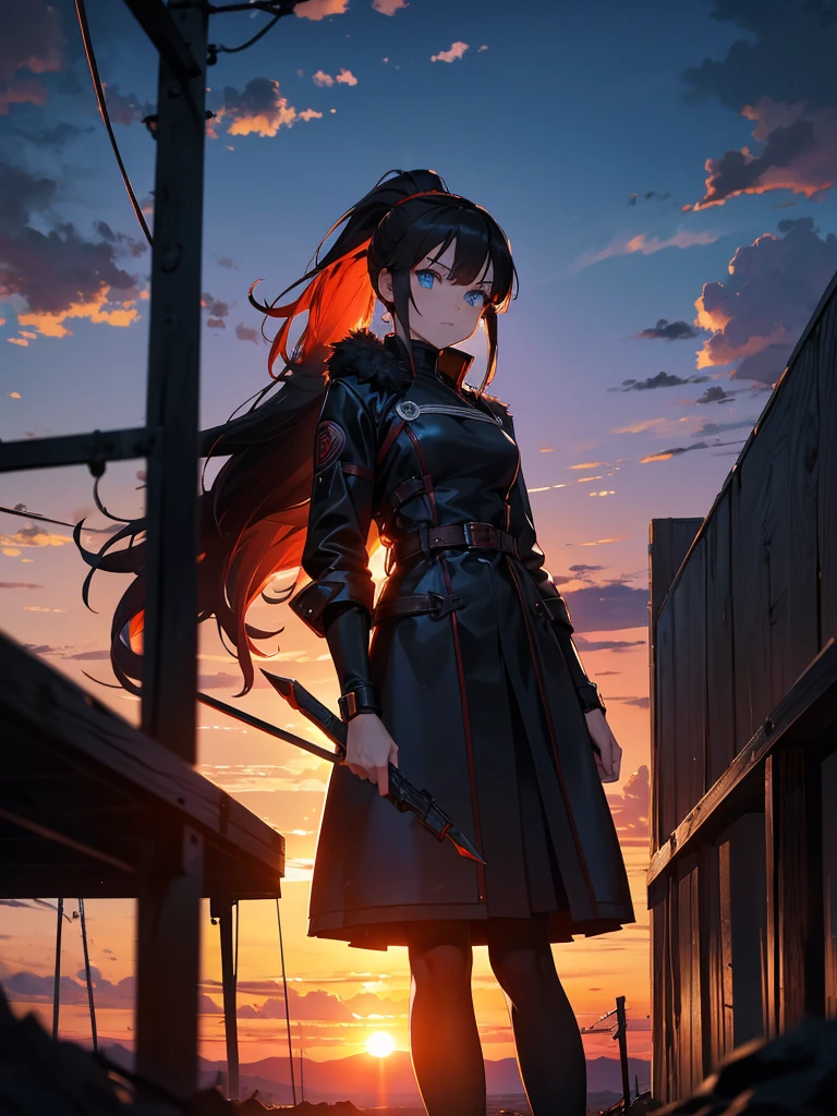 Cityscape, building, Skyline, sunset, Silhouette against a cloud background, meditation. Watching the beautiful sunset, sunset時に, sunset時, sunsetとともに, In the sunset, Nice views, Sunset view, With the sunset, sunset時に, During Golden Hour, looking sunset時に, Sunset in the background, Watching the sunset, Attention,, Very detailed, blue eyes, Redhead, Angry expression,Wearing a black fur jacket, Medium Hair,ponytail, Anime Style, whole body, alone, Stylish Gladiator Girl, I have a rapier,Standing in the Wilderness, 8K high resolution, White Background, The background is a dark and desolate landscape, Horror movie atmosphere. Her figure is very beautiful, Emphasizing the dark and crazy elements. Skillfully expressing the effects of light and shadow, Anime &#39; Line, Mechanized Soldier Girl, &#39; Line style