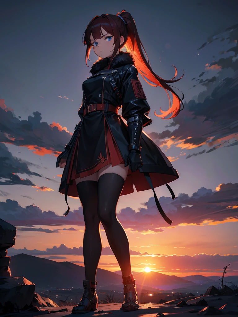 Cityscape, building, Skyline, sunset, Silhouette against a cloud background, meditation. Watching the beautiful sunset, sunset時に, sunset時, sunsetとともに, In the sunset, Nice views, Sunset view, With the sunset, sunset時に, During Golden Hour, looking sunset時に, Sunset in the background, Watching the sunset, Attention,, Very detailed, blue eyes, Redhead, Angry expression,Wearing a black fur jacket, Medium Hair,ponytail, Anime Style, whole body, alone, Stylish Gladiator Girl, I have a rapier,Standing in the Wilderness, 8K high resolution, White Background, The background is a dark and desolate landscape, Horror movie atmosphere. Her figure is very beautiful, Emphasizing the dark and crazy elements. Skillfully expressing the effects of light and shadow, Anime &#39; Line, Mechanized Soldier Girl, &#39; Line style