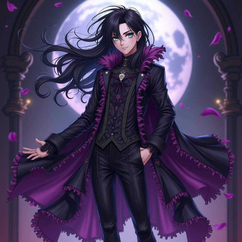 A sexy young male, black long hair, teal blue eyes. Gothic clothes. (Male) (no facial or body hair)) masterpiece, best quality, ultra-detailed, best shadow), (detailed background) (purple and black) pretty handsome. Sexy Cute. No facial hair. No body hair. Wink. Seductive. Sexy. Pale and white skin. Smirking. Anime style. Blood. Vampire. Sexy. Death note style. Pink lips. SENSUAL. Purple and black gothic frilly clothes. Long lashes. Sexy pose. Crossing legs. Love. Shiny. Vampire Prince. Bottom angle. Seductive. Male. Bottom angle. Shiny. Long boots. Delicate facial features. Death. BITCH, MAKE IT MALE.