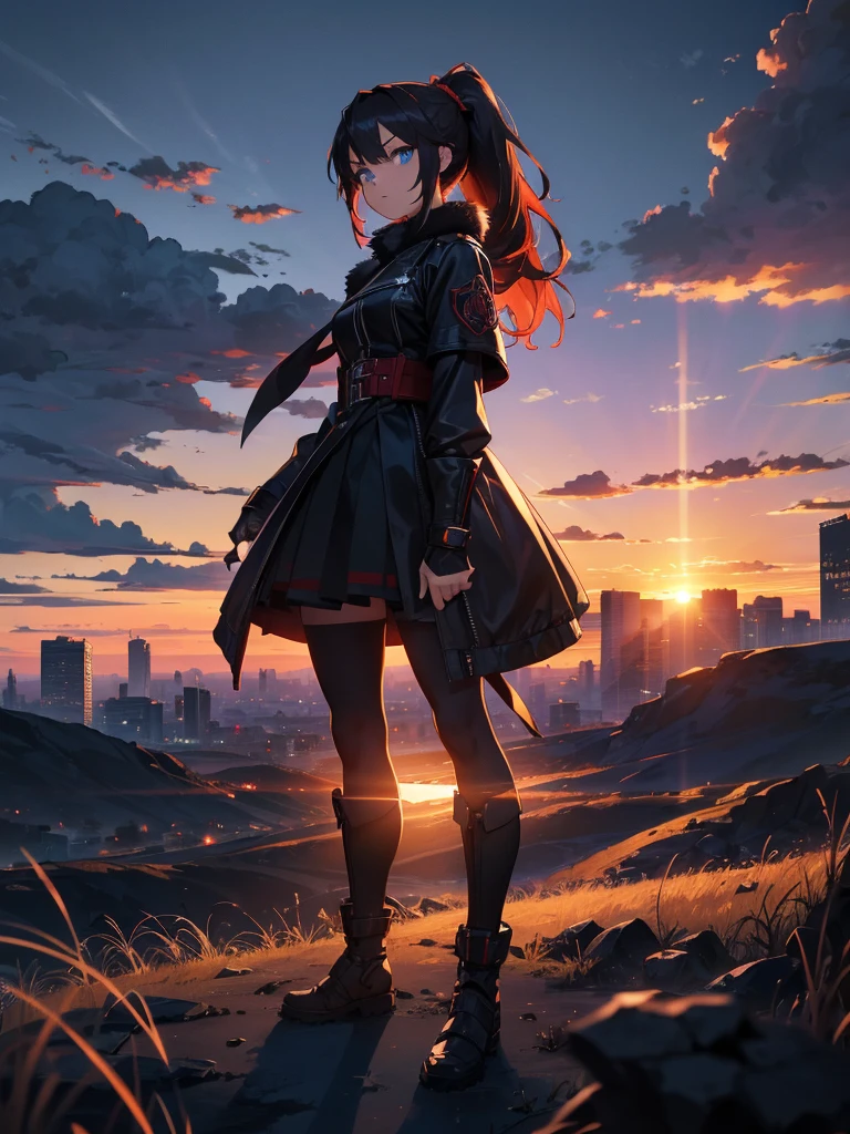 Cityscape, building, Skyline, sunset, Silhouette against a cloud background, meditation. Watching the beautiful sunset, sunset時に, sunset時, sunsetとともに, In the sunset, Nice views, Sunset view, With the sunset, sunset時に, During Golden Hour, looking sunset時に, Sunset in the background, Watching the sunset, Attention,, Very detailed, blue eyes, Redhead, Angry expression,Wearing a black fur jacket, Medium Hair,ponytail, Anime Style, whole body, alone, Stylish Gladiator Girl, I have a rapier,Standing in the Wilderness, 8K high resolution, White Background, The background is a dark and desolate landscape, Horror movie atmosphere. Her figure is very beautiful, Emphasizing the dark and crazy elements. Skillfully expressing the effects of light and shadow, Anime &#39; Line, Mechanized Soldier Girl, &#39; Line style