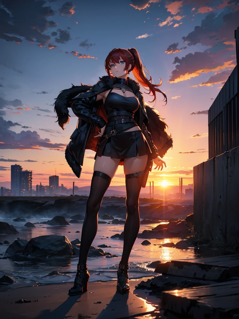 Cityscape, building, Skyline, sunset, Silhouette against a cloud background, meditation. Watching the beautiful sunset, sunset時に, sunset時, sunsetとともに, In the sunset, Nice views, Sunset view, With the sunset, sunset時に, During Golden Hour, looking sunset時に, Sunset in the background, Watching the sunset, Attention,, Very detailed, blue eyes, Redhead, Angry expression,Wearing a black fur jacket, Medium Hair,ponytail, Anime Style, whole body, alone, Stylish Gladiator Girl, I have a rapier,Standing in the Wilderness, 8K high resolution, White Background, The background is a dark and desolate landscape, Horror movie atmosphere. Her figure is very beautiful, Emphasizing the dark and crazy elements. Skillfully expressing the effects of light and shadow, Anime &#39; Line, Mechanized Soldier Girl, &#39; Line style