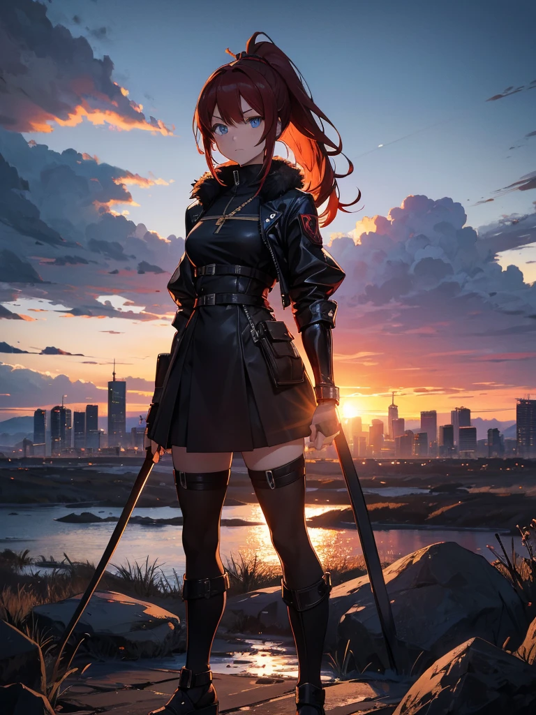 Cityscape, building, Skyline, sunset, Silhouette against a cloud background, meditation. Watching the beautiful sunset, sunset時に, sunset時, sunsetとともに, In the sunset, Nice views, Sunset view, With the sunset, sunset時に, During Golden Hour, looking sunset時に, Sunset in the background, Watching the sunset, Attention,, Very detailed, blue eyes, Redhead, Angry expression,Wearing a black fur jacket, Medium Hair,ponytail, Anime Style, whole body, alone, Stylish Gladiator Girl, I have a rapier,Standing in the Wilderness, 8K high resolution, White Background, The background is a dark and desolate landscape, Horror movie atmosphere. Her figure is very beautiful, Emphasizing the dark and crazy elements. Skillfully expressing the effects of light and shadow, Anime &#39; Line, Mechanized Soldier Girl, &#39; Line style