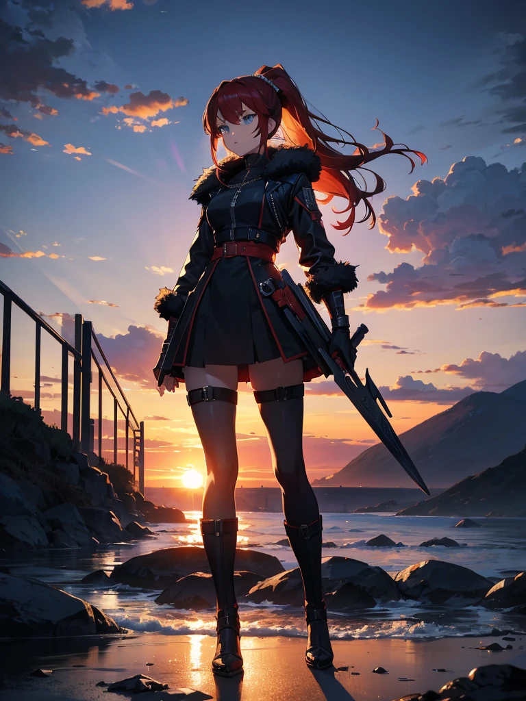 Cityscape, building, Skyline, sunset, Silhouette against a cloud background, meditation. Watching the beautiful sunset, sunset時に, sunset時, sunsetとともに, In the sunset, Nice views, Sunset view, With the sunset, sunset時に, During Golden Hour, looking sunset時に, Sunset in the background, Watching the sunset, Attention,, Very detailed, blue eyes, Redhead, Angry expression,Wearing a black fur jacket, Medium Hair,ponytail, Anime Style, whole body, alone, Stylish Gladiator Girl, I have a rapier,Standing in the Wilderness, 8K high resolution, White Background, The background is a dark and desolate landscape, Horror movie atmosphere. Her figure is very beautiful, Emphasizing the dark and crazy elements. Skillfully expressing the effects of light and shadow, Anime &#39; Line, Mechanized Soldier Girl, &#39; Line style