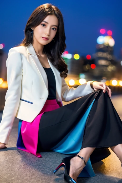 blazer、Business Blouse、(Colorful long skirt:1.3)、Full Body Portrait、silk pantyhose、Sitting、(Both legs and high heels look beautiful.)、1 girl、(Perfect Anatomy, Perfect body, Perfect hands, Perfect Face, Perfect Eyes, Accurate, Anatomically correct), Perfectly clear and sharp focus、Large Breasts、 Modern architecture at night on the background、Professional Lighting、((Highest quality、Ultra-high resolution、masterpiece))
