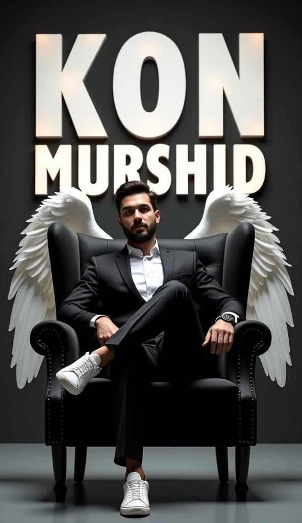 Create a realistic image for a profile picture where a 38 year old “Man”,With a Black suit, casually on a wings back chair, wearing sneakers a white,, the background features “Kon Murshid ? in big and capital letters 3d mockup font font on the back wall, there should not be his shadow and there are wings to make it appear as if he is angel. full ultra realisitic qulaity
