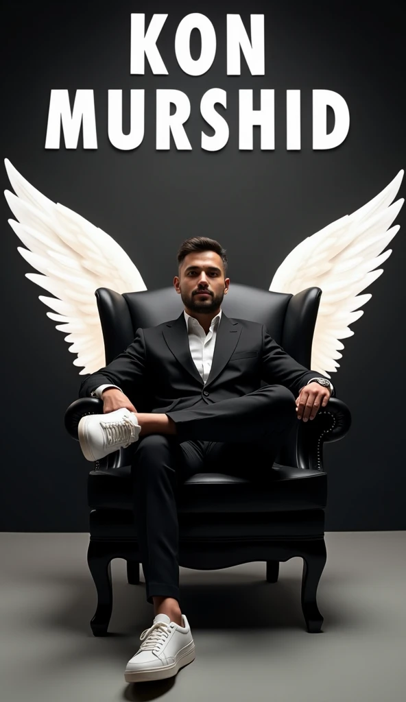 Create a realistic image for a profile picture where a 38 year old “Man”,With a Black suit, casually on a wings back chair, wearing sneakers a white,, the background features “Kon Murshid ? in big and capital letters 3d mockup font font on the back wall, there should not be his shadow and there are wings to make it appear as if he is angel. full ultra realisitic qulaity