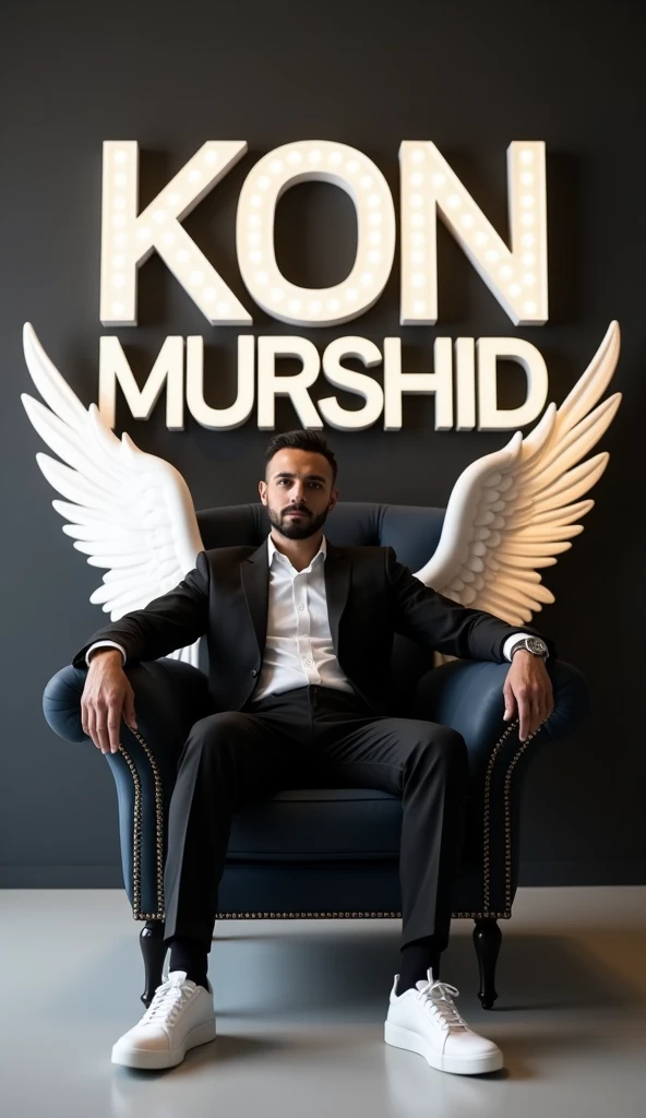 Create a realistic image for a profile picture where a 38 year old “Man”,With a Black suit, casually on a wings back chair, wearing sneakers a white,, the background features “Kon Murshid ? in big and capital letters 3d mockup font font on the back wall, there should not be his shadow and there are wings to make it appear as if he is angel. full ultra realisitic qulaity

