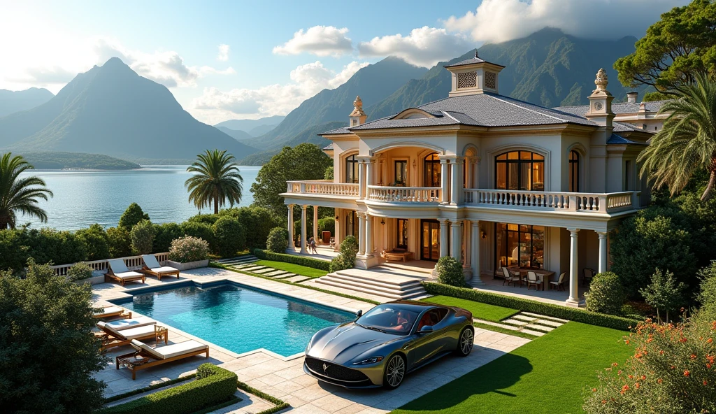 luxury mansion with a luxuary car parked in front of it, green yard with trees, behind sea and mountains, luxury pool, luxury lifestyle, luxurious environment, luxury architecture, rich, huge mansion, rich style, luxury and elite, extremely opulent, luxurious, hyper luxurious, majestic masterpiece, wealthy, luxury, stunning grand architecture, exquisite masterpiece, flaunting his wealth, inside a grand, architectural masterpiece