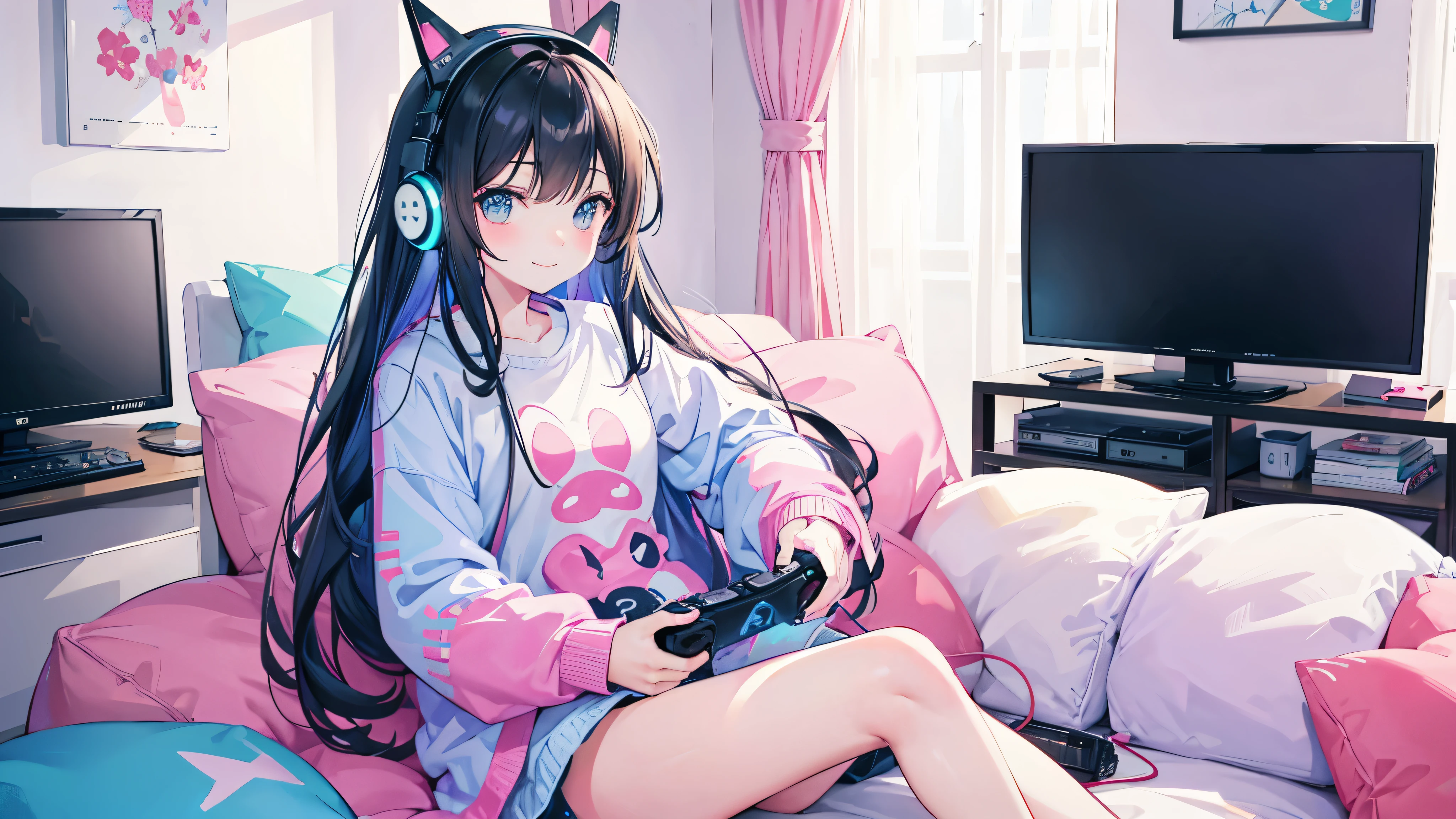 Please draw a scene of Kawaii playing a video game.。With a smile、Sitting on the couch with a game controller in hand、I have headphones on。In the background, a cozy room is depicted.、You can see the game monitor and decorations。Dressed casually、The colours used throughout the room create a bright and cheerful atmosphere.。