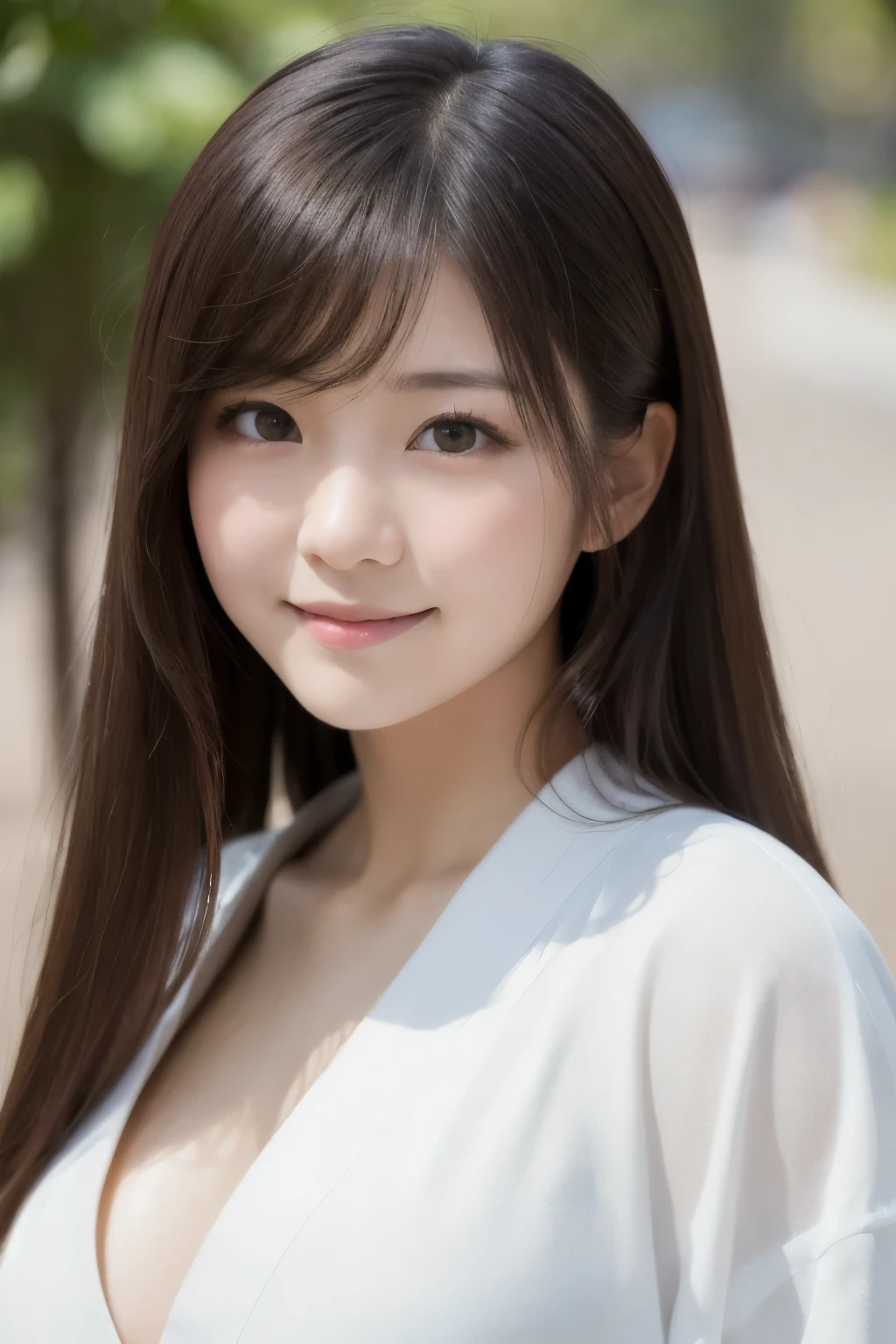 best quality, face focus, soft light, ultra high res, (photorealistic:1.4), RAW photo,(Shinozaki Ai), white skin, kawaii, 1 Japanese girl, solo, cute, (smile), (pupil, lights in the eyes), detailed beautiful face, Medium-sized breasts,(high resolution detail of human skin texture),(long hair),(portrait), upper body, white traditional kimono