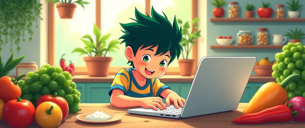 an image that represents what it is "healthy food blog" with a young boy with dark green hair , in 2d Japanese anime with vegetables and fruits and a laptop