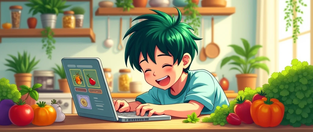 an image that represents what it is "healthy food blog" with a young boy with dark green hair , in 2d Japanese anime with vegetables and fruits and a laptop