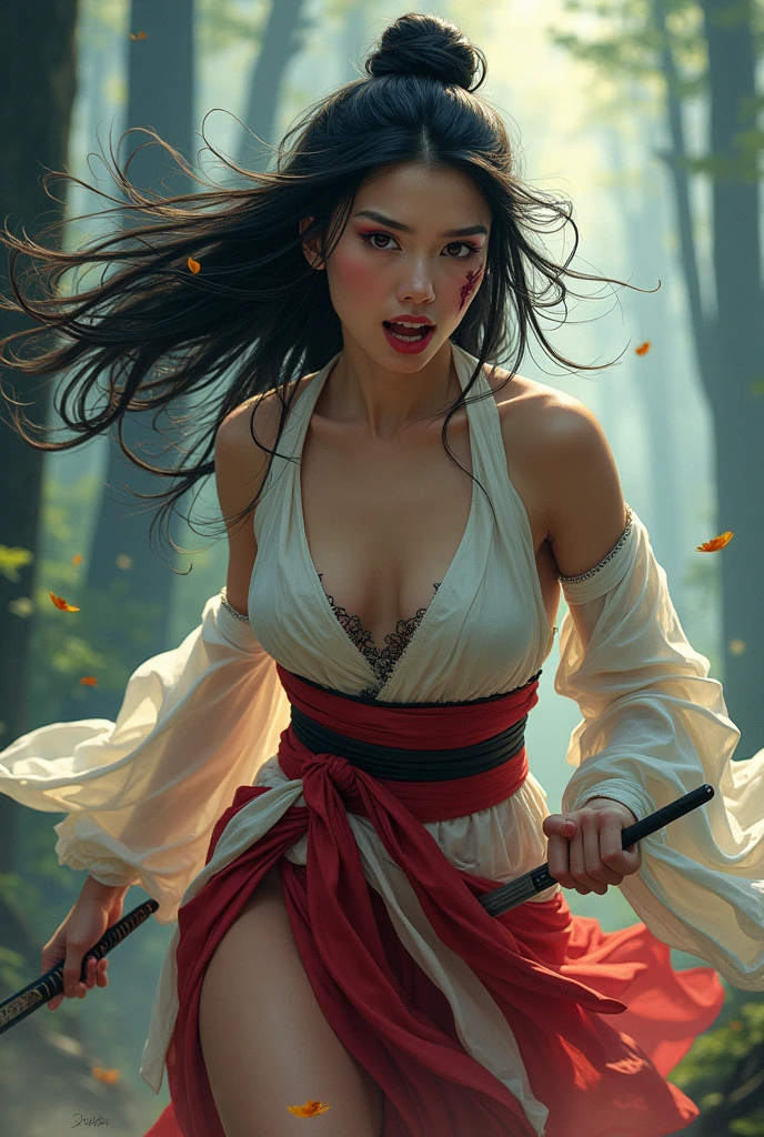 A beautiful girl in Hanfu exposes her cleavage and big butt, holds a sharp knife, her hair is disheveled, exposes her legs, and runs away with a small injury on her face, her mouth shouts, and she has big breasts comics