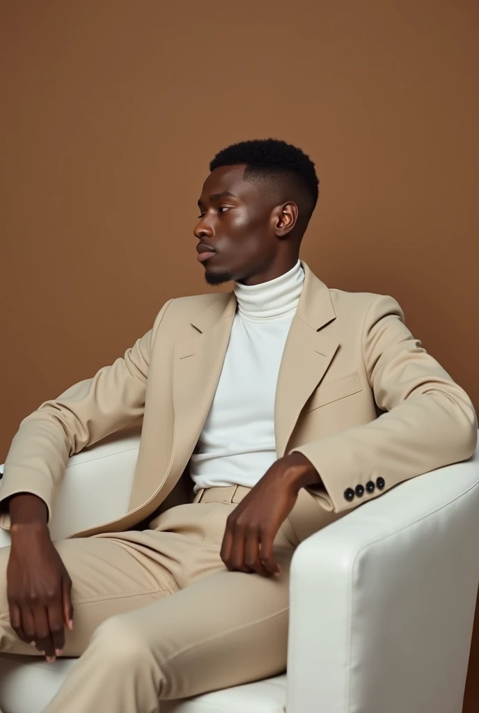 best qualityer:1.4), (ultra high resolution:1.2), (photorrealistic:1.4), (8k, CRU photo:1.2), a thin young man of 20 years old, coffee with milk skin color, with a smooth, beardless face, short American haircut on the sides and top, he is wearing a white turtleneck shirt and a beige coat over it, is wearing beige dress pants, is sitting on a white chair, is in a photography studio with a brown background