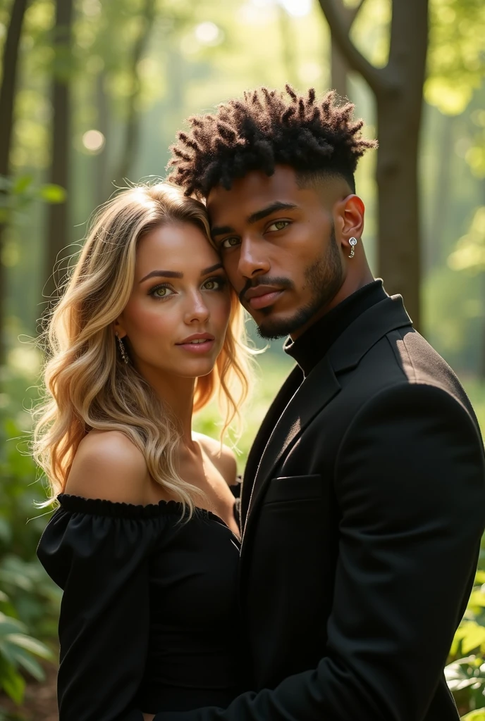 (best qualityer), couple, 1 male 1 female, young man 24 years old, young woman 22 years old, light skinned woman, she has medium blonde hair, She has medium length hair with small waves, She has big green eyes, Curvy Body, man with slightly brown skin, he has black curly hair, he has a shaved haircut on the sides and bangs above his eyes, He has brown eyes, he has a short beard on his chin, He has a piercing on the left side of his mouth and on his left eyebrow, gazing at viewer, Warm and romantic, she wears all black clothes, he wears a black turtleneck shirt with a charcoal gray denim jacket and black pants, Romantic forest