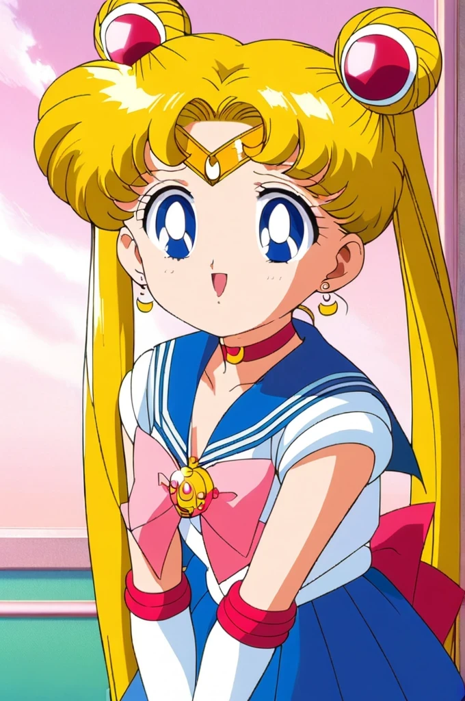 score_9, score_8_up, score_7_up, score_6_up, score_5_up, score_4_up, source_anime, (masterpiece:1.3),(highest quality:1.4),(Super detailed:1.5),8k,High resolution,an extremely delicate and beautiful,Official Art,Perfect Anatomy,(anime_screencap:1.11),(90s anime,90s anime style,Cel-shaded anime:1.47),anime coloring,(1girl:1.5), ((very young child:1.52)),((loli:1.5)),
((aausagi:1.52)), long hair, double bun, twintails, parted bangs, tiara, earrings, blue eyes, red choker, blue sailor collar, red bow, white shirt, elbow gloves, white gloves, blue skirt,open-mouthed smile,