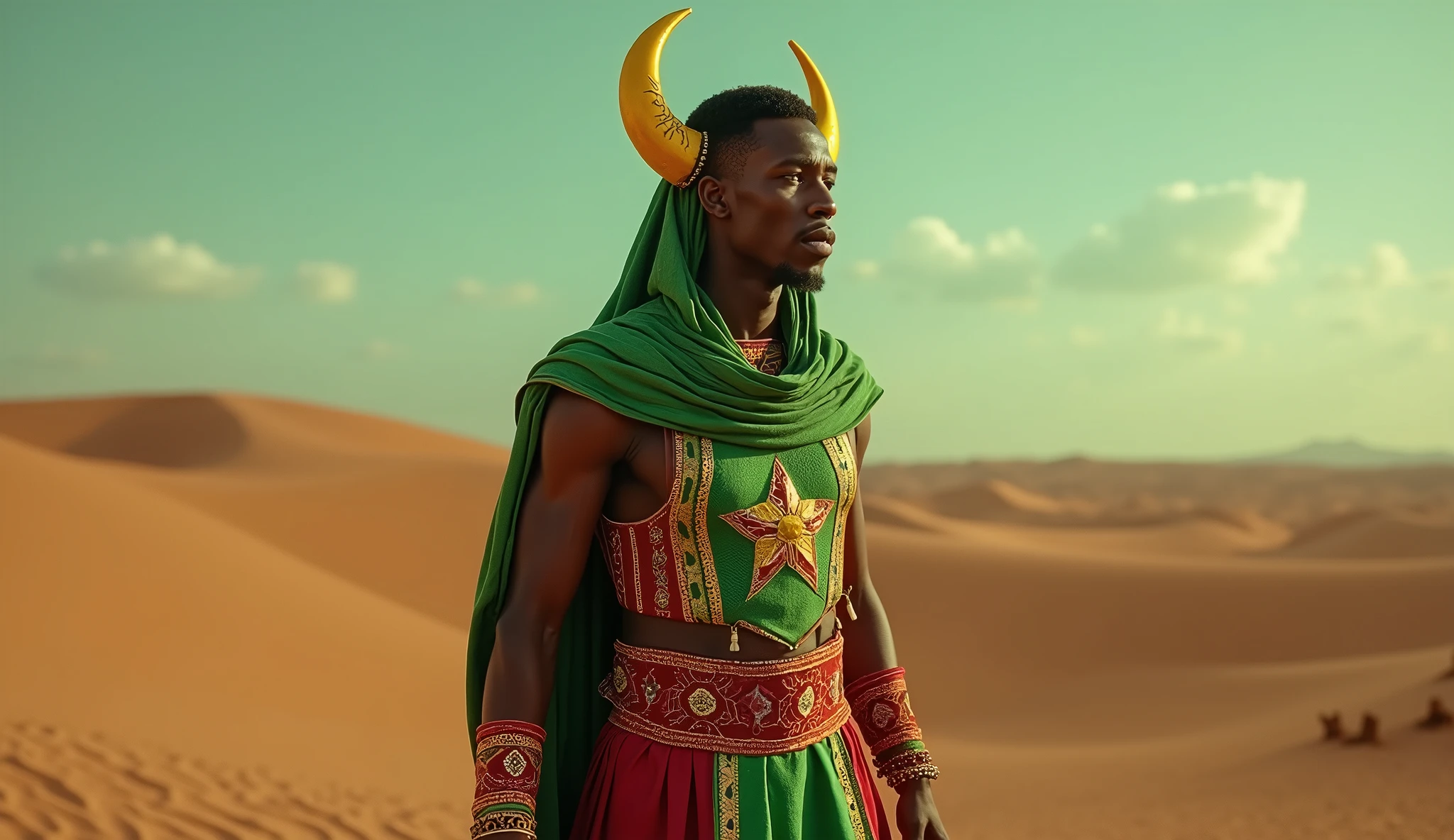 Mauritania as an african fantasy League of Legend man creature in green and red colors. Yellow crescent moon and a yellow five-pointed star. Intricated clothing. Cinematic Fantasy sci-fi landscape background. Intricated clothing. Cinematic Fantasy sci-fi landscape background