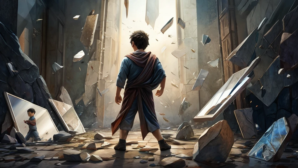 “The boy shattering the mirror with a stone, fragments flying as the mirror breaks into pieces.”