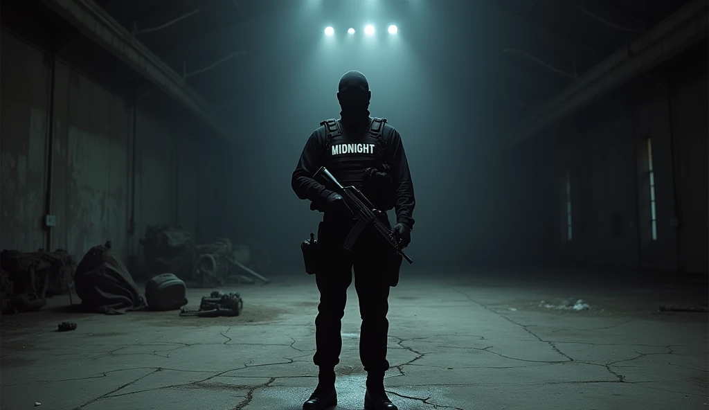 Photorealistic photograph of a modern military man in an all-black uniform. It stands in an abandoned hangar., illuminated by a single spotlight, directed at him. The bulletproof vest is emblazoned with the words “MIDNIGHT” in large white letters.. The atmosphere is tense, full of mystery, with a sense of hidden danger. details: a soldier holds an assault rifle in his hand, his face is hidden under a black mask, the remains of military equipment are scattered on the floor.