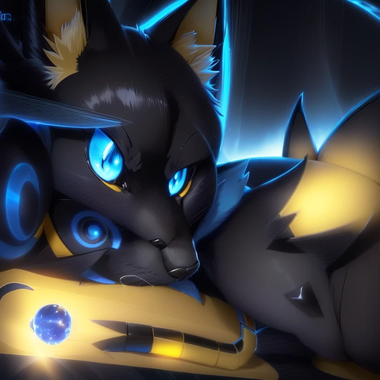 there is a black cat laying on the ground with a yellow and blue object, zorua pokemon, sirius a and sirius b, shadow, shiny!!, i slept in segments last night, hypdertailed, awww, anime style”, safebooru anime image, gelbooru anime image, anime movie screenshot, lucario, nighttime!!, anime screenshot, hot