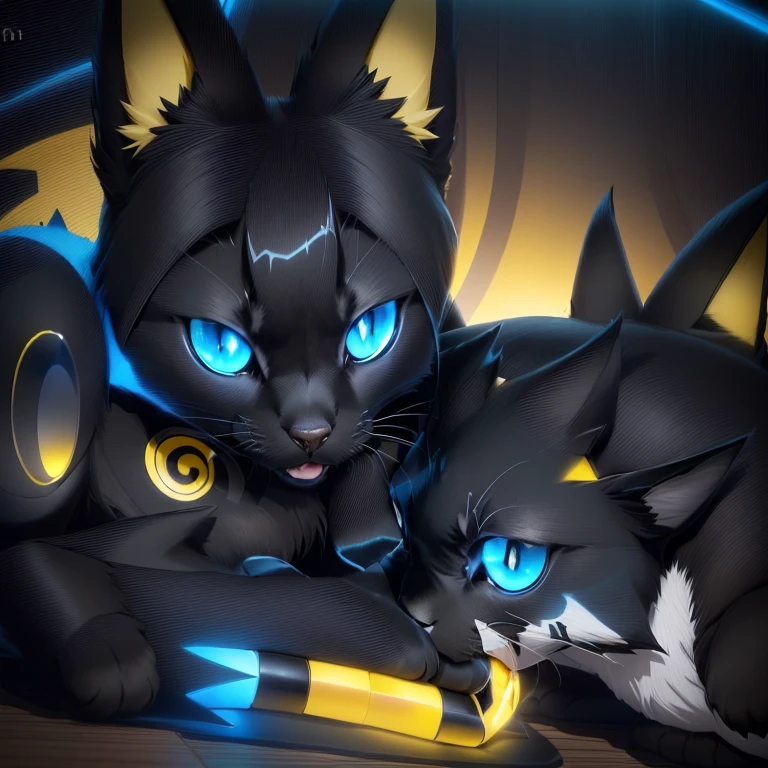 there is a black cat laying on the ground with a yellow and blue object, zorua pokemon, sirius a and sirius b, shadow, shiny!!, i slept in segments last night, hypdertailed, awww, anime style”, safebooru anime image, gelbooru anime image, anime movie screenshot, lucario, nighttime!!, anime screenshot, hot