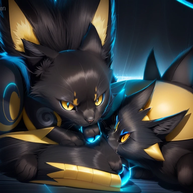 there is a black cat laying on the ground with a yellow and blue object, zorua pokemon, sirius a and sirius b, shadow, shiny!!, i slept in segments last night, hypdertailed, awww, anime style”, safebooru anime image, gelbooru anime image, anime movie screenshot, lucario, nighttime!!, anime screenshot, hot