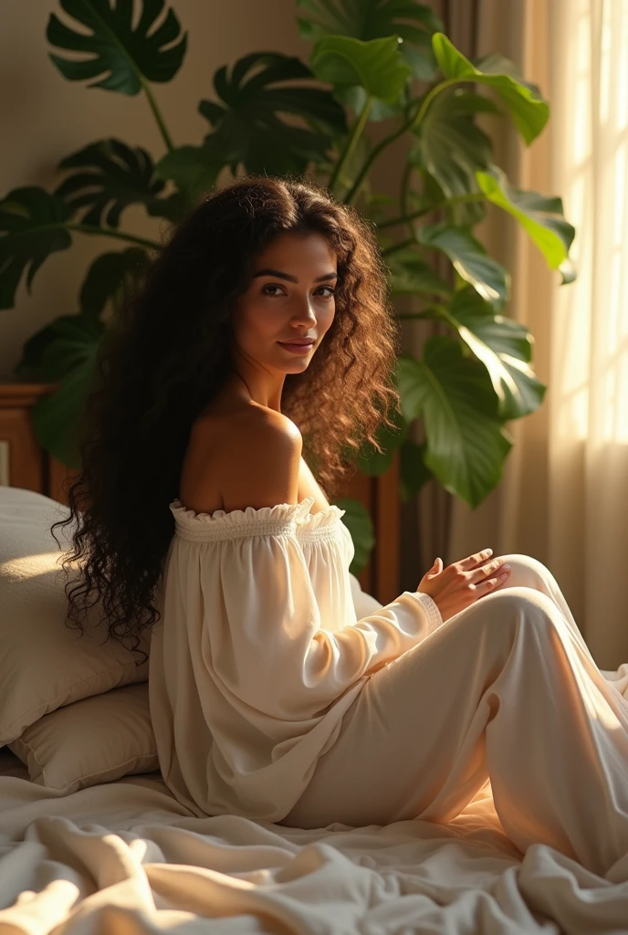 (photorealism:1.2), beautiful woman, sitting on bed, wearing loose off-shoulder top, pajama pants, long curly hair, indoors, soft lighting, plants in background, window with sunlight, cozy room, relaxed pose, realistic, intricate details, warm colors, by Greg Rutkowski, by Alphonse Mucha