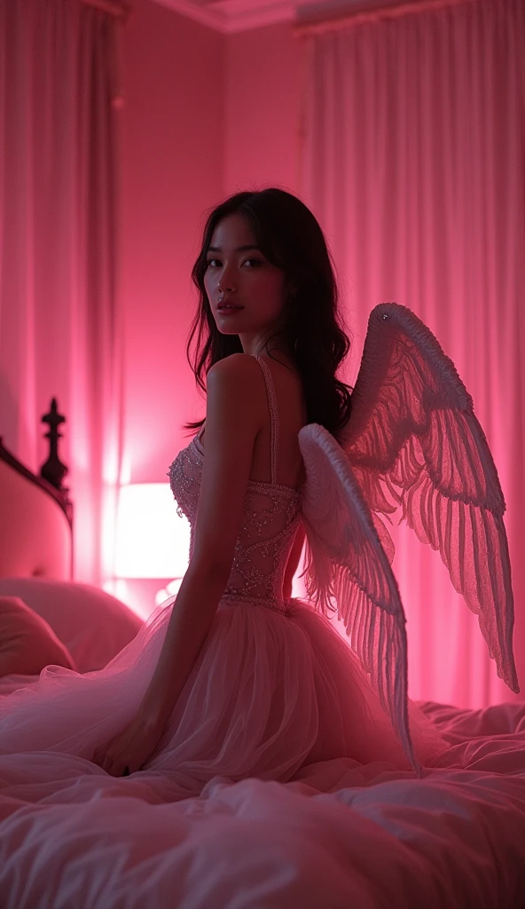 Standing beside the bed in the love hotel、A beautiful angel gazing at you, Pink lighting