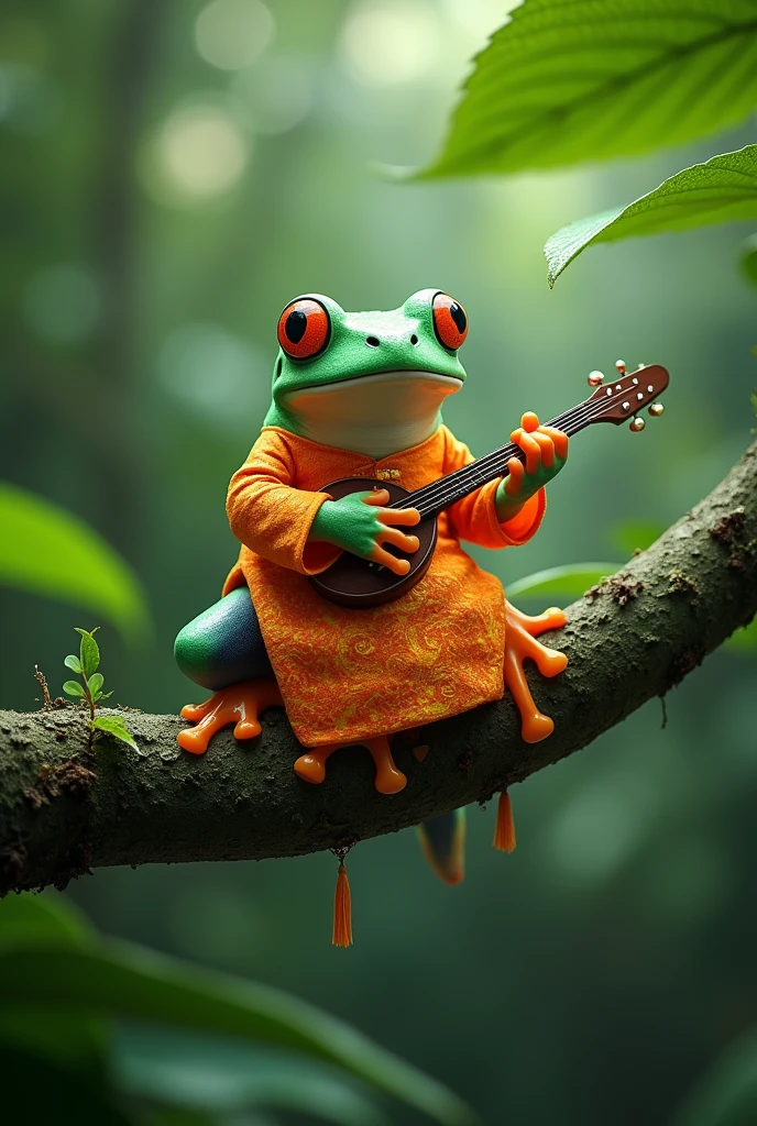 On a branch in the rainforest,Light rain,Morning dew sparkles,A fat tree frog playing the biwa,The frog is on a branch of a distant tree.,The frog is wearing an orange Chinese dress,Ultra-realistic,high resolution,