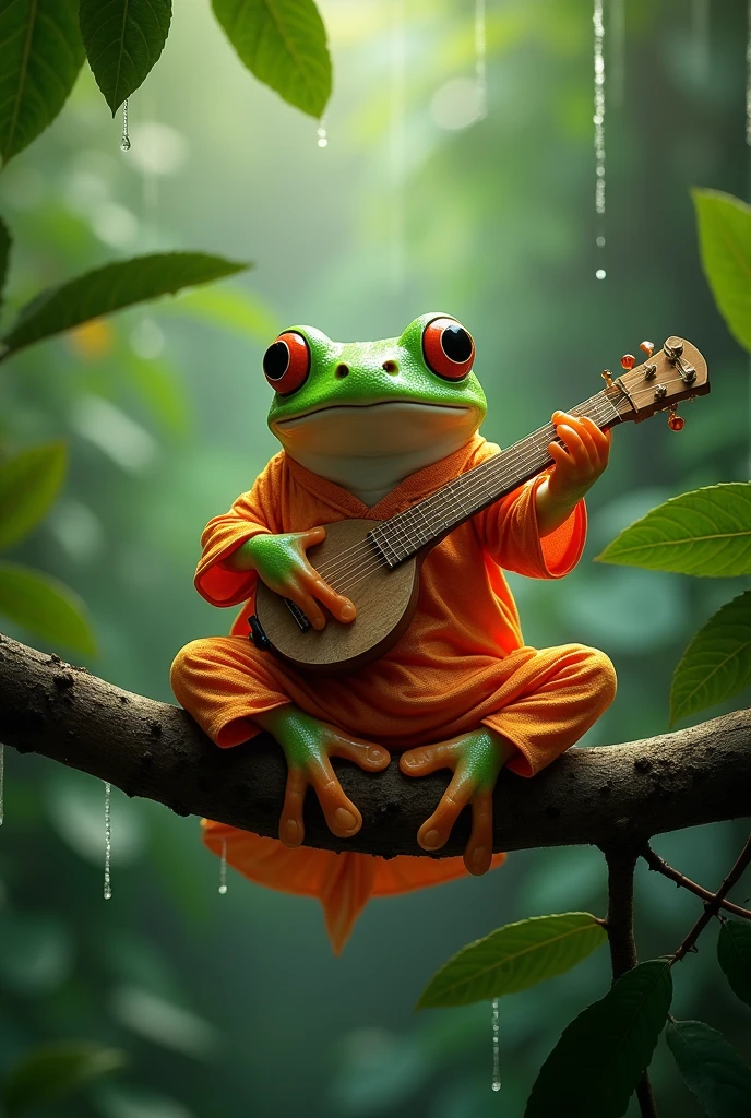On a branch in the rainforest，Light rain，Morning dew sparkles，A fat tree frog playing the biwa，The frog is on a branch of a distant tree.，The frog is wearing an orange Chinese dress，Ultra-realistic，high resolution，