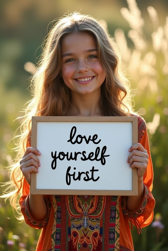 Beautiful girl with wavy long hair, bohemian dress, holding a white board with text "love yourself first" and showing it to the viewer