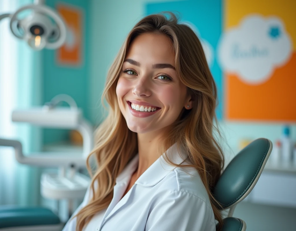 Make a banner for a dental clinic in bright colors with an image of a beautiful girl with a snow-white smile, who is in the dentist's chair. The image should be large format