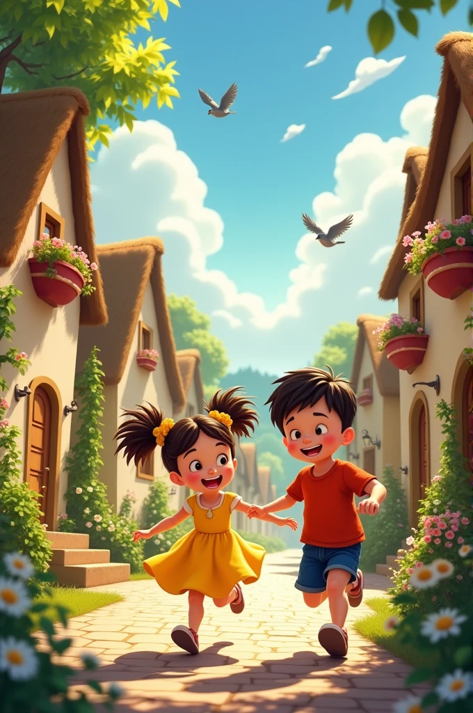A picturesque small village with cobblestone streets and cozy cottages, where two kids, Lily (a girl with brown hair in pigtails, wearing a yellow dress) and Max (a boy with short black hair, wearing a red T-shirt and blue shorts), are seen playing.