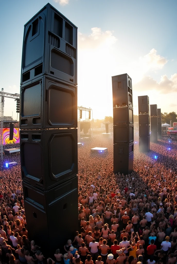 All round speaker and subwoofer system rigged for 100,000 thousand capacity and more live music performance concert in broad day light