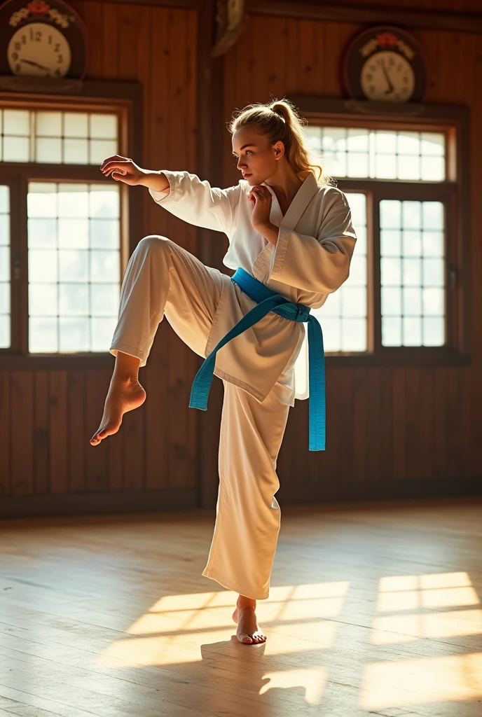 Dove Cameron wearing taekwondo gear, practicing high kick, barefoot, photorealistic image.