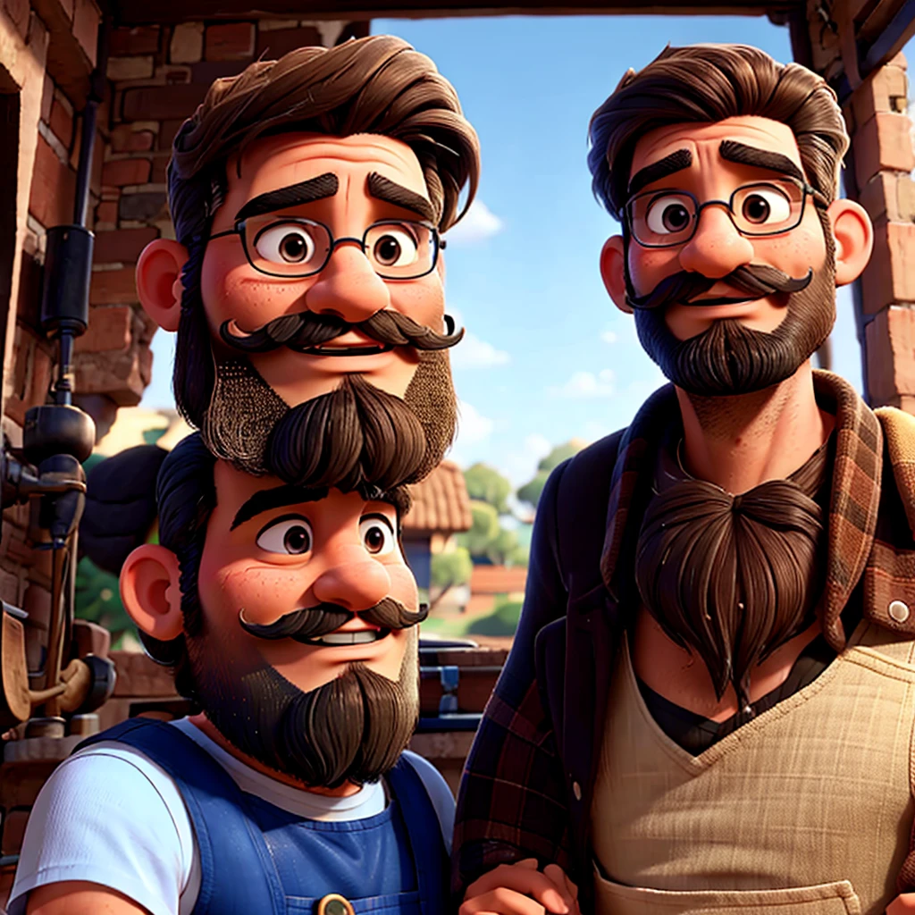 TWO ARGENTINE MEN WITH BEARDS AND MOUSTACHES, ONE TALLER THAN THE OTHER, WORKING AS PLASTERERS