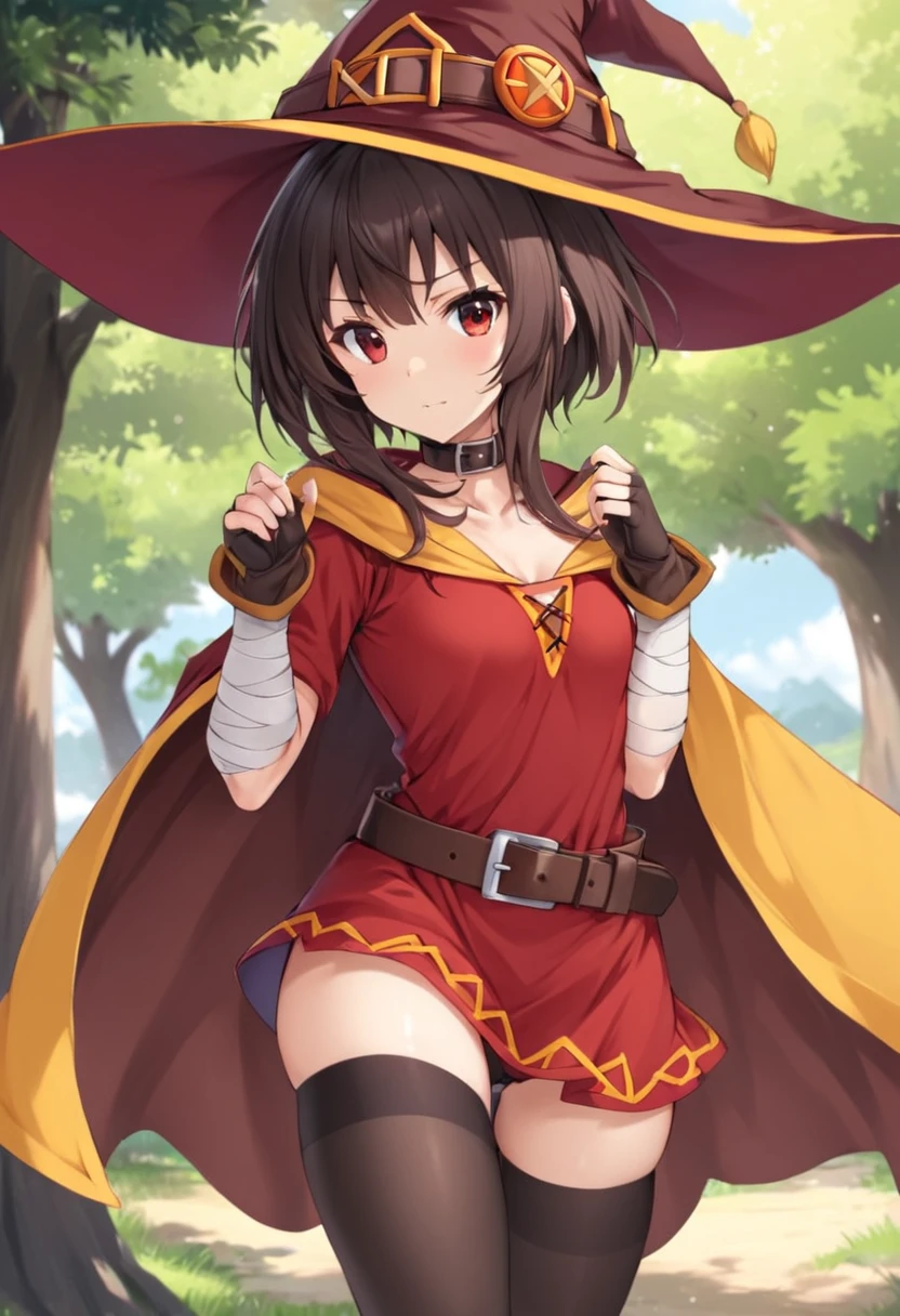 tall body, tall, long legs, mature female, mature, adult, EFT_Konsuba_Megumi, 1girl, megumin, witch hat, hat, solo, red eyes, thighhighs, cape, single thighhigh, dress, belt, bandages, black thighhighs, short hair, red dress, looking at viewer, fingerless gloves, black hair, bandaged leg, collar, gloves, short hair with long locks, tree, asymmetrical legwear, brown hair, outdoors, choker, mismatched legwear, collarbone