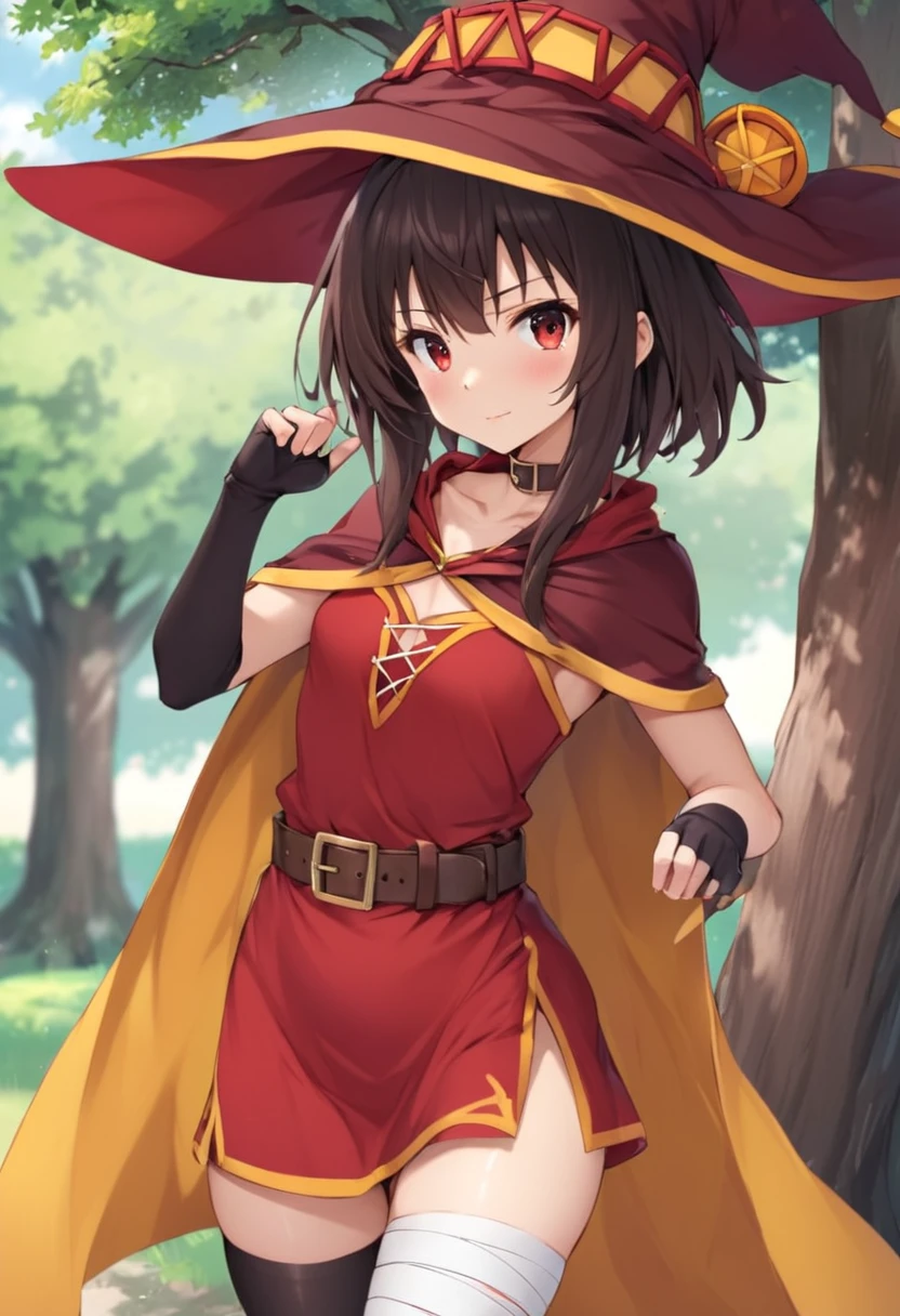 tall body, tall, long legs, mature female, mature, adult, EFT_Konsuba_Megumi, 1girl, megumin, witch hat, hat, solo, red eyes, thighhighs, cape, single thighhigh, dress, belt, bandages, black thighhighs, short hair, red dress, looking at viewer, fingerless gloves, black hair, bandaged leg, collar, gloves, short hair with long locks, tree, asymmetrical legwear, brown hair, outdoors, choker, mismatched legwear, collarbone