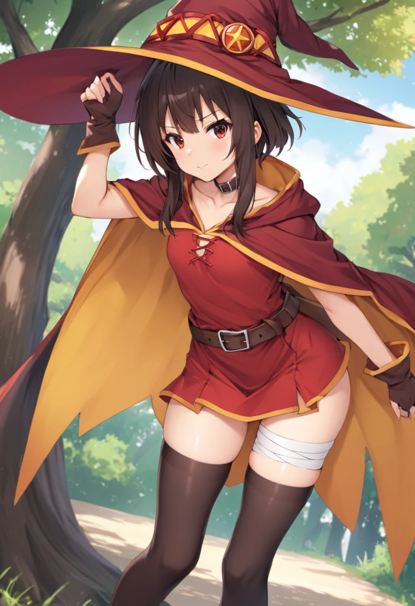 tall body, tall, long legs, mature female, mature, adult, EFT_Konsuba_Megumi, 1girl, megumin, witch hat, hat, solo, red eyes, thighhighs, cape, single thighhigh, dress, belt, bandages, black thighhighs, short hair, red dress, looking at viewer, fingerless gloves, black hair, bandaged leg, collar, gloves, short hair with long locks, tree, asymmetrical legwear, brown hair, outdoors, choker, mismatched legwear, collarbone