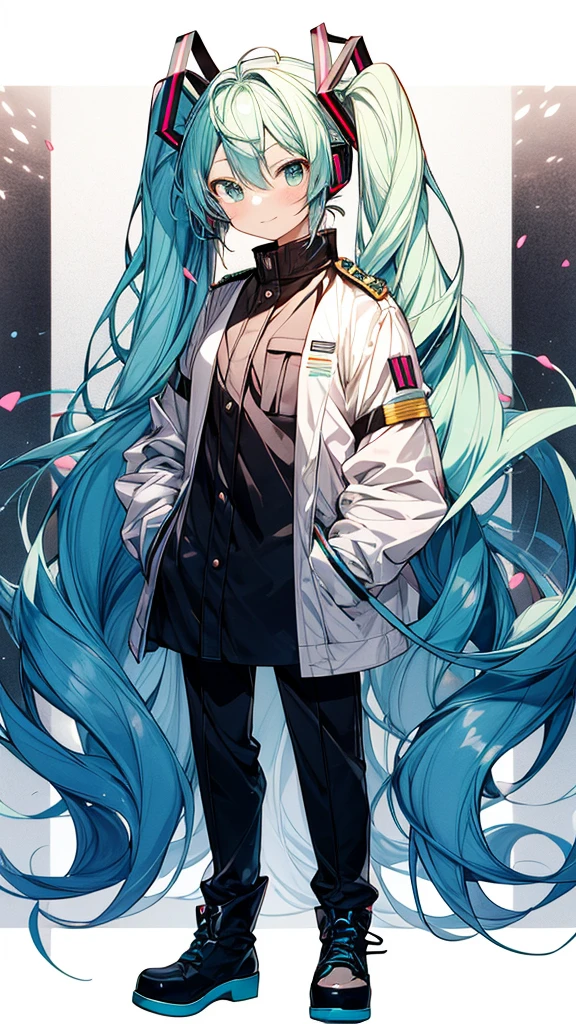 masterpiece,colorful,The best quality at its best,solo,One person,boots,Green Eyes,High resolution,View your viewers,Stand on your own two feet,White coat,(uniform:1.3),Put your hands in your pockets, 長い青い髪と白いシャツと黒いスカートを着たAnime, hatsune miku, Portrait of hatsune miku, hatsune miku short hair, Vocaloid, Hatsune Miku portrait, friend, Mikudayo, 青緑色の髪のAnime, hatsune miku cosplay, Hatsune Miku's Face, Animeスタイル4 K, Anime, 魅力的なAnime