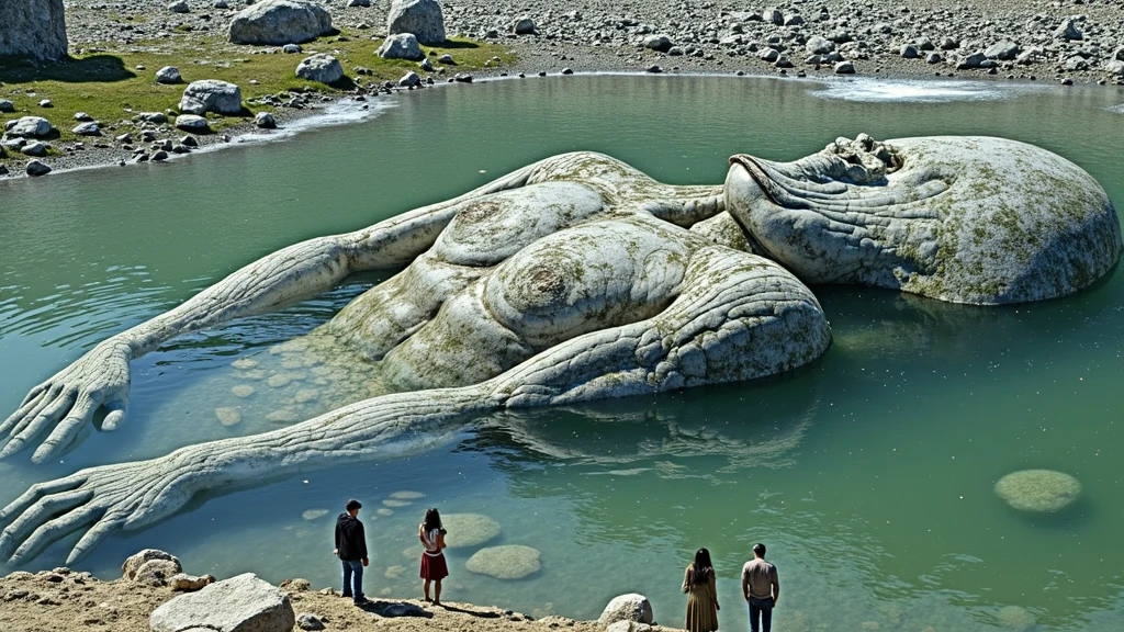 a large, humanoid creature lying partially submerged in a body of water. The creature has an ancient and weathered appearance, with detailed, muscular features and a face that seems to be in a state of deep rest or possibly death. The water is a murky greenish-blue, and the creature's body appears to be covered in what might be algae or erosion marks, adding to its aged look. Surrounding the creature the landscape is rocky and barren, with a few small, distant figures standing on the shore, giving a sense of the creature's massive scale. The overall scene is surreal and eerie, evoking a sense of mystery and ancient history.