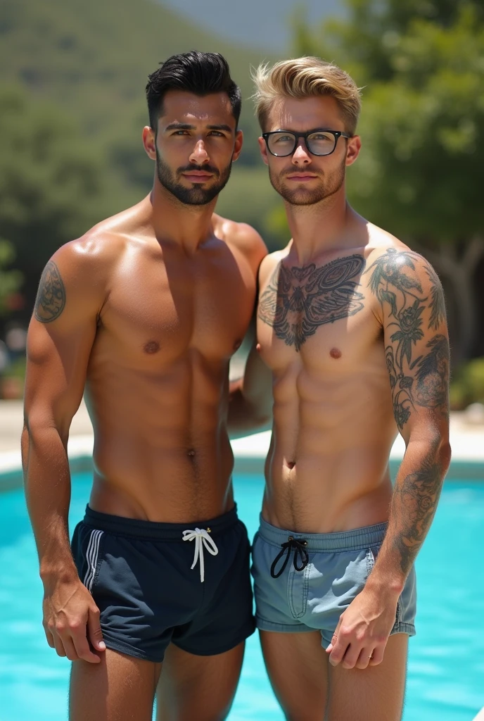 36 year old man with black hair, well-built, beautiful, tanned skin, marked features, square jaw, with some tattoos on his neck, next to his best friend, A 36 year old blond young man, With reading glasses, well-built, beautiful, marked features, square jaw, with some tattoos on his neck. They are both standing at the pool. They are both in swimsuits