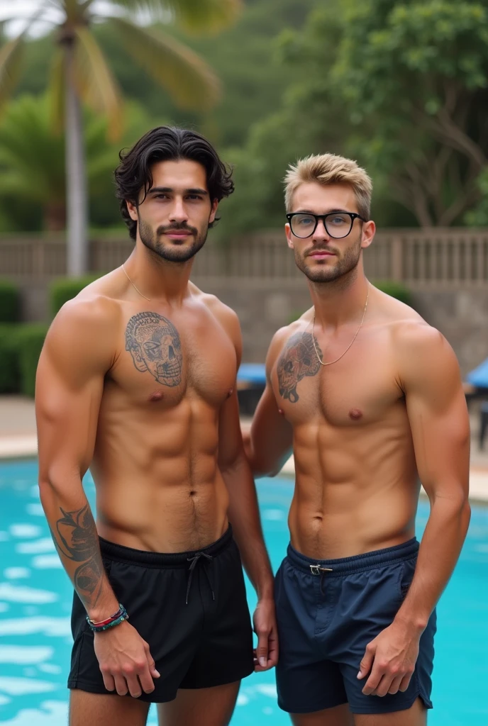 36 year old man with black hair, well-built, beautiful, tanned skin, marked features, square jaw, with some tattoos on his neck, next to his best friend, A 36 year old blond young man, With reading glasses, well-built, beautiful, marked features, square jaw, with some tattoos on his neck. They are both standing at the pool. They are both in swimsuits