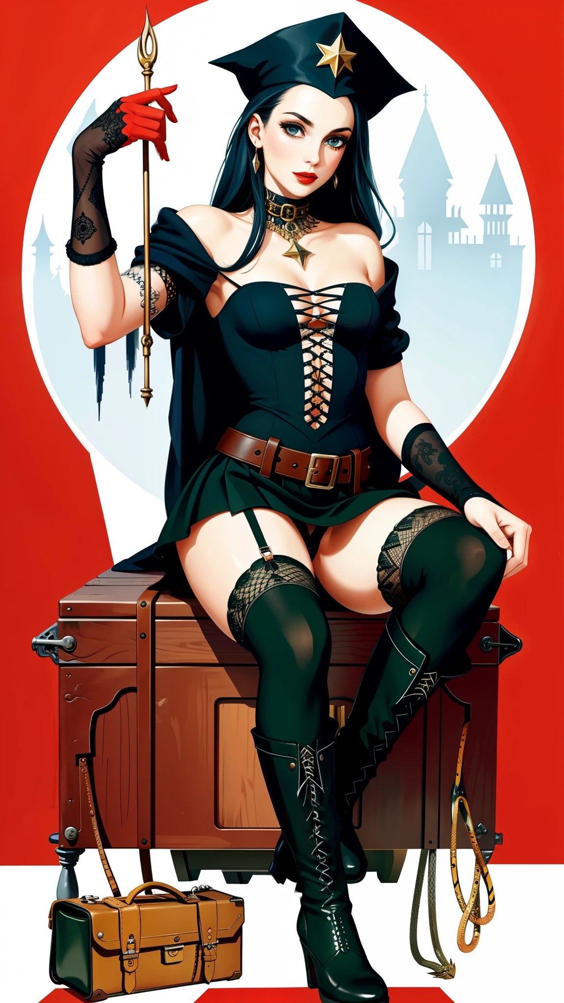 sorceress, sitting, wand, boots, fishnet stockings, mini skirt, rebel, panties