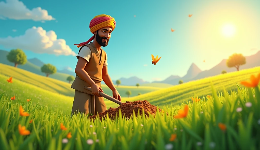 In 3D animation style:Ramū, a humble farmer, working in his field under the hot sun, wearing a turban and traditional clothing.