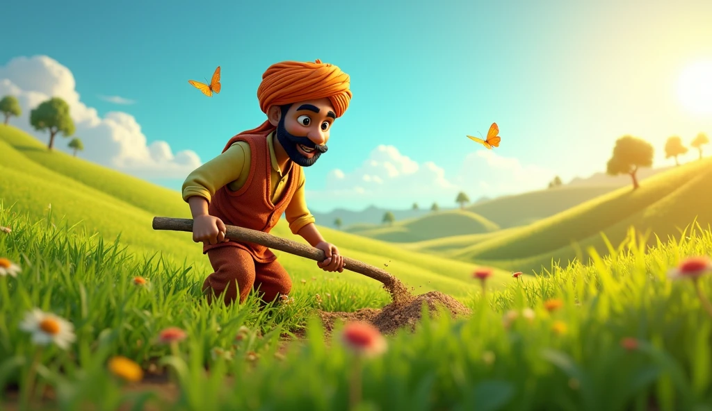 In 3D animation style:Ramū, a humble farmer, working in his field under the hot sun, wearing a turban and traditional clothing.