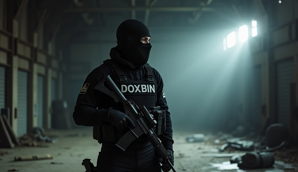 Photorealistic photograph of a modern military man in an all-black uniform. It stands in an abandoned hangar., illuminated by a single spotlight, directed at him. The bulletproof vest is emblazoned with the words “DOXBIN” in large white letters.. The atmosphere is tense, full of mystery, with a sense of hidden danger. details: a soldier holds an assault rifle in his hand, his face is hidden under a black mask, the remains of military equipment are scattered on the floor.