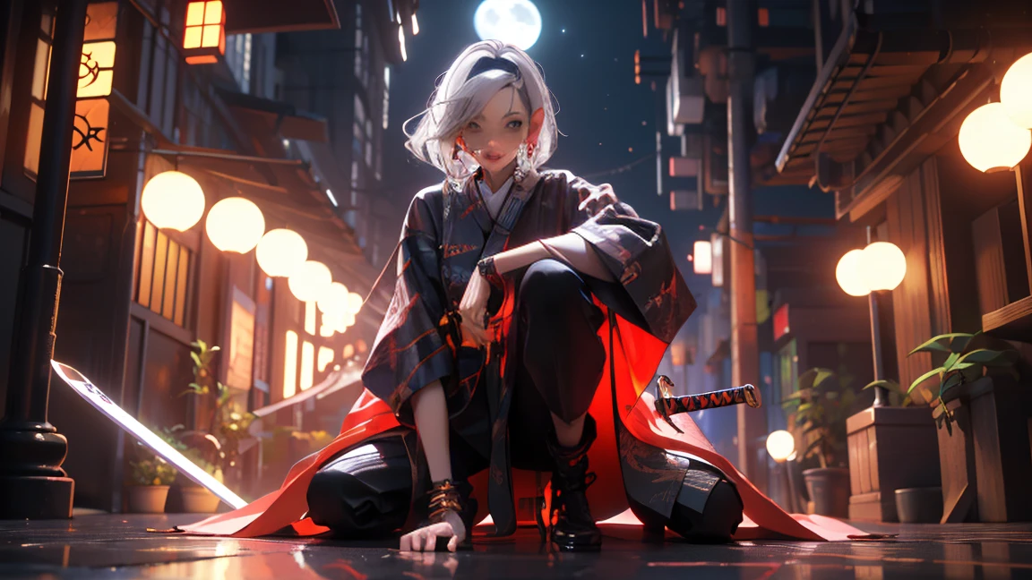 (masterpiece:1.2), best quality,CG,3d, samurai girl,
jewelry, sword, arms, alone, ring, white hair, a girl, sheath, squat, Keep, bracelet, trousers, knife, Sun Glasses, black trousers, Keep arms, earrings, 長いwhite hair, Black footwear, Round glasses, whole body, Keep sword, unsheathing, Long sleeve, View viewer, mouth closed, Vague, sheathed, single hairband, lanthanum, Smile, shine, High heel, Kimono-like sleeves,night,full moon